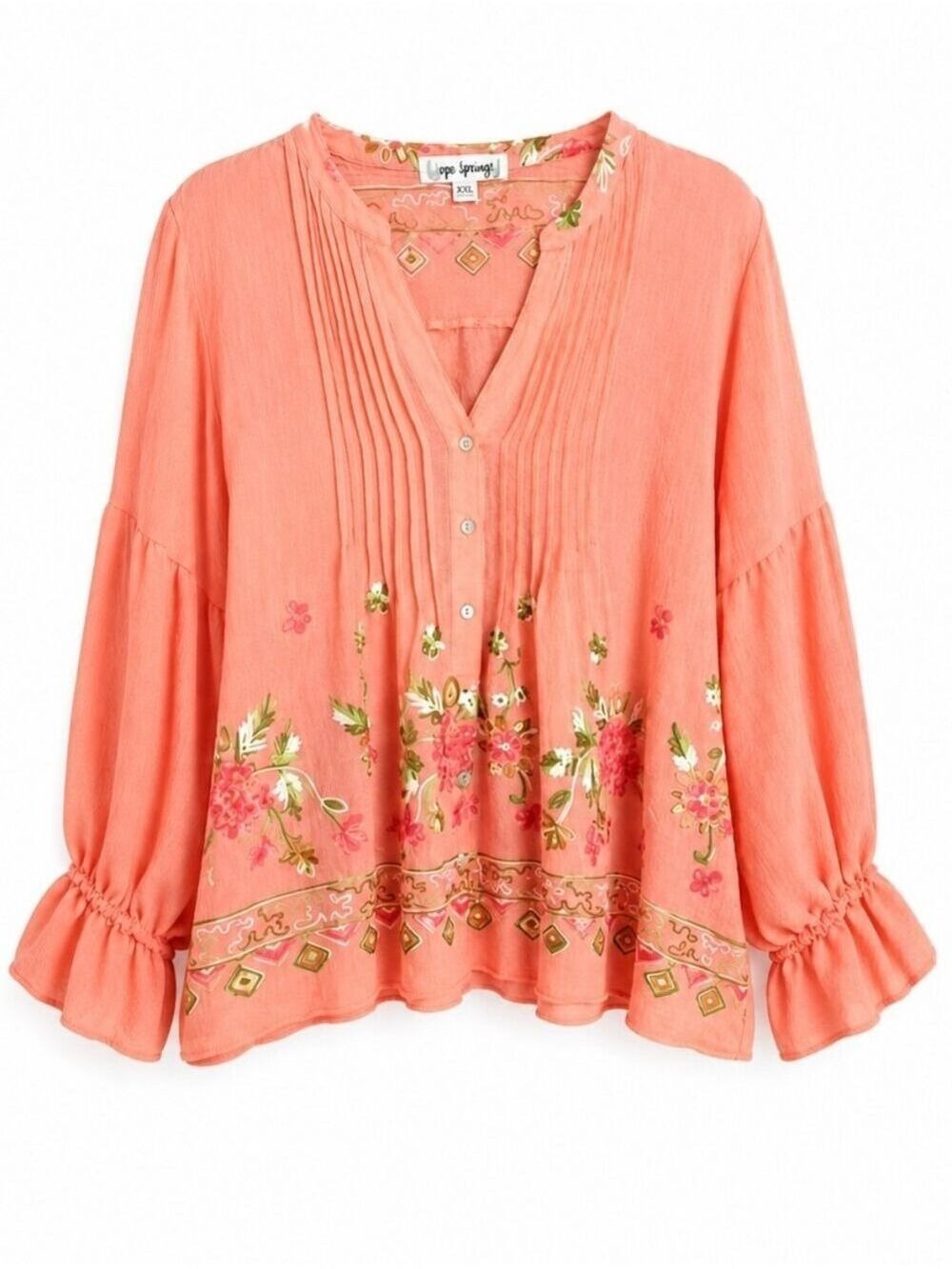 Hope Springs Coral Floral Embroidered Boho Cottagecore Peasant Blouse XXL